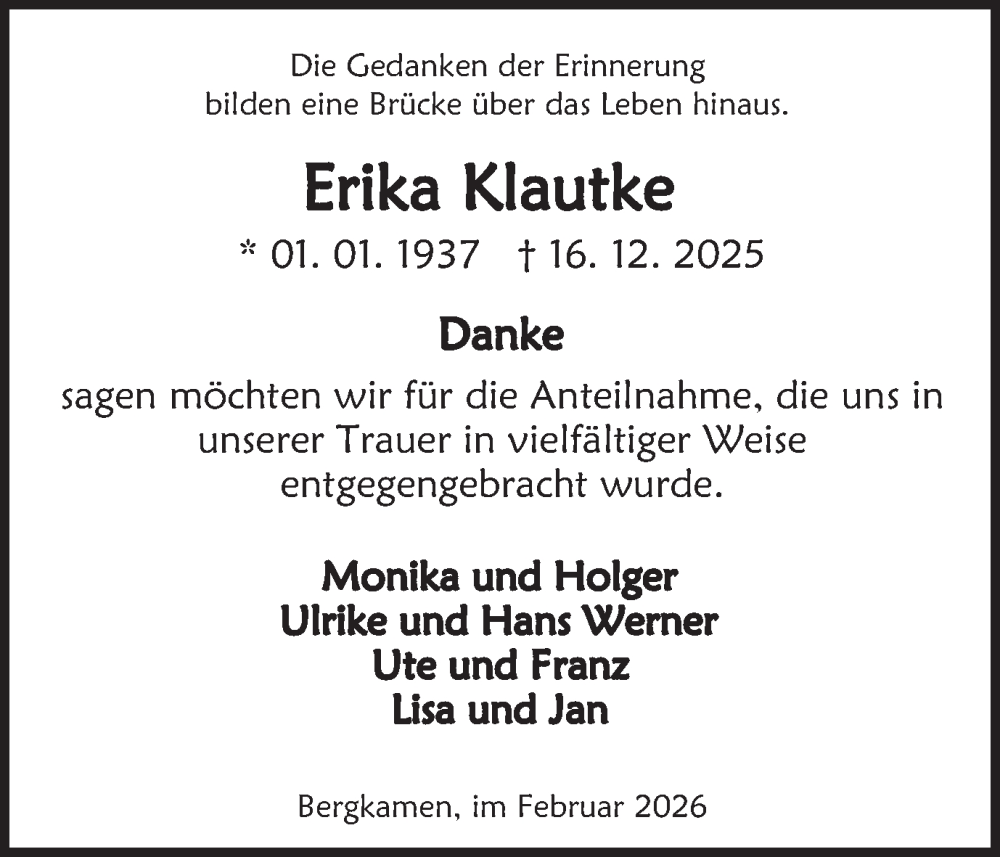  Traueranzeige für Erika Klautke vom 18.02.2026 aus Hellweger Anzeiger