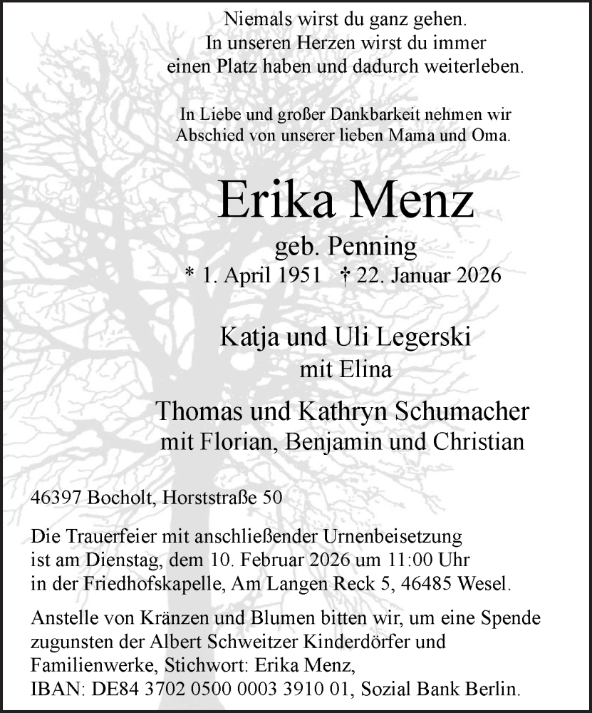  Traueranzeige für Erika Menz vom 07.02.2026 aus 