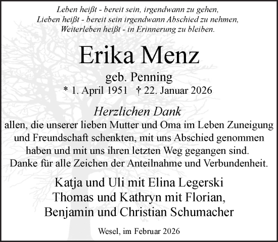 Traueranzeige von Erika Menz 