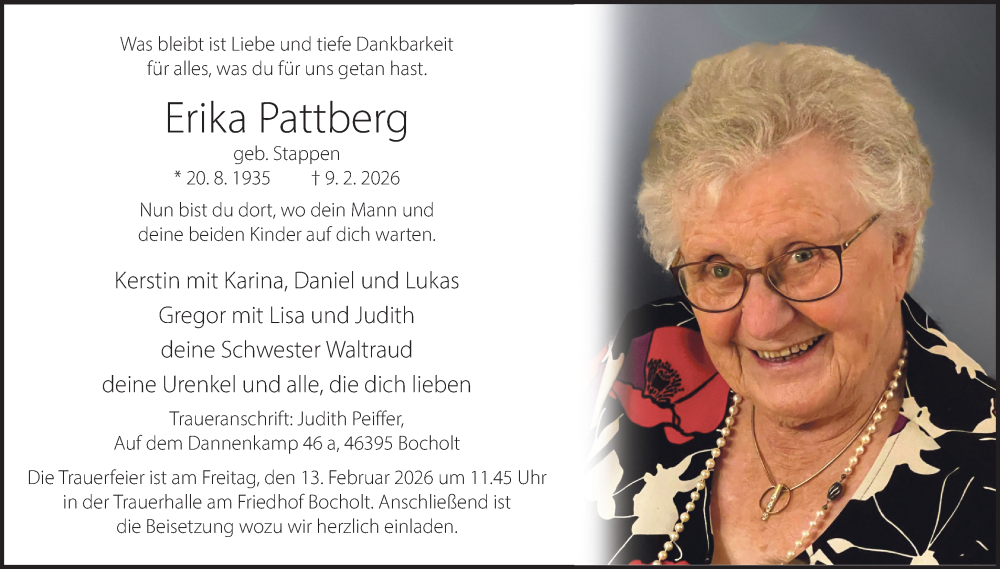  Traueranzeige für Erika Pattberg vom 12.02.2026 aus 