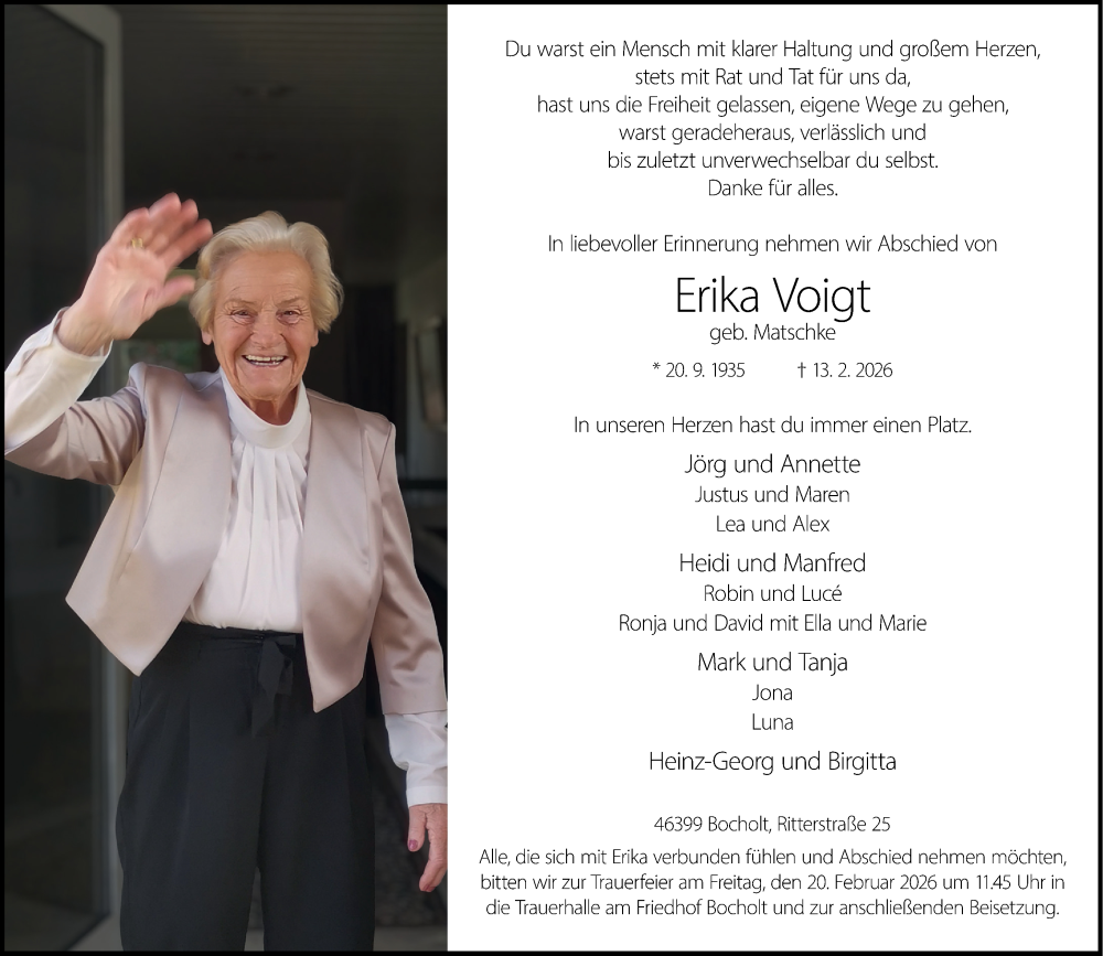  Traueranzeige für Erika Voigt vom 18.02.2026 aus 