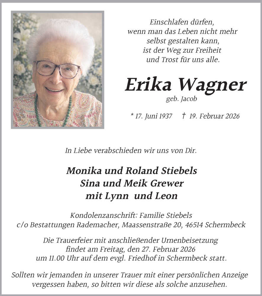  Traueranzeige für Erika Wagner vom 21.02.2026 aus Ruhr Nachrichten und Dorstener Zeitung