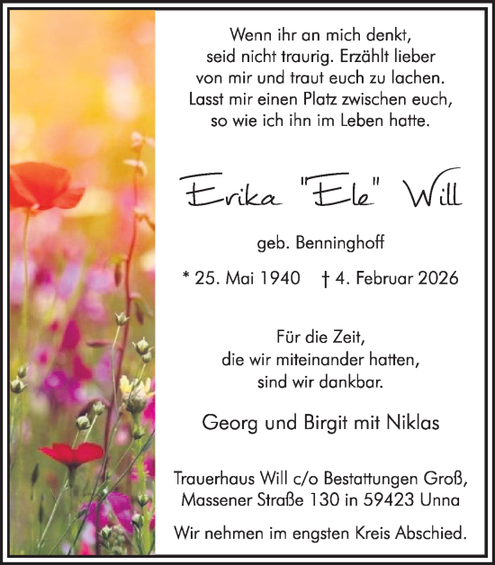 Traueranzeige von Erika Will von Hellweger Anzeiger