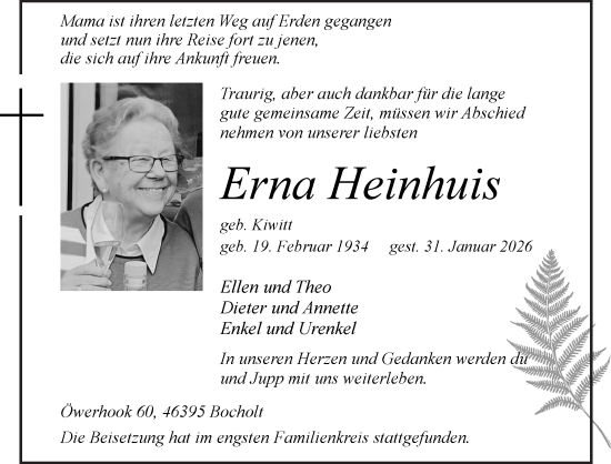 Traueranzeige von Erna Heinhuis 