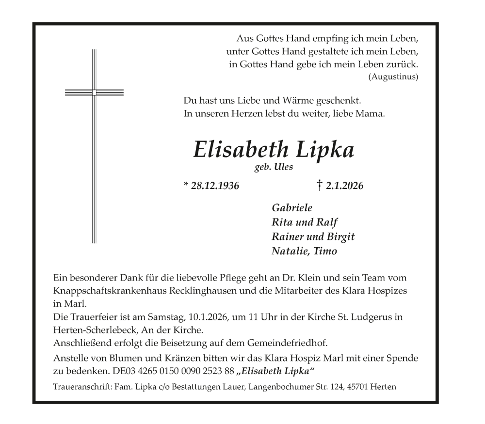  Traueranzeige für Elisabeth Lipka  vom 07.01.2026 aus 