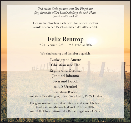 Traueranzeige von Felix Rentrop von Trauer Vest