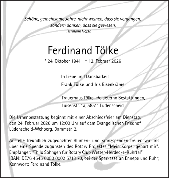 Traueranzeige von Ferdinand Tölke von Ruhr Nachrichten