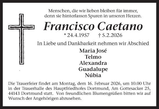 Traueranzeige von Francisco Caetano von Ruhr Nachrichten