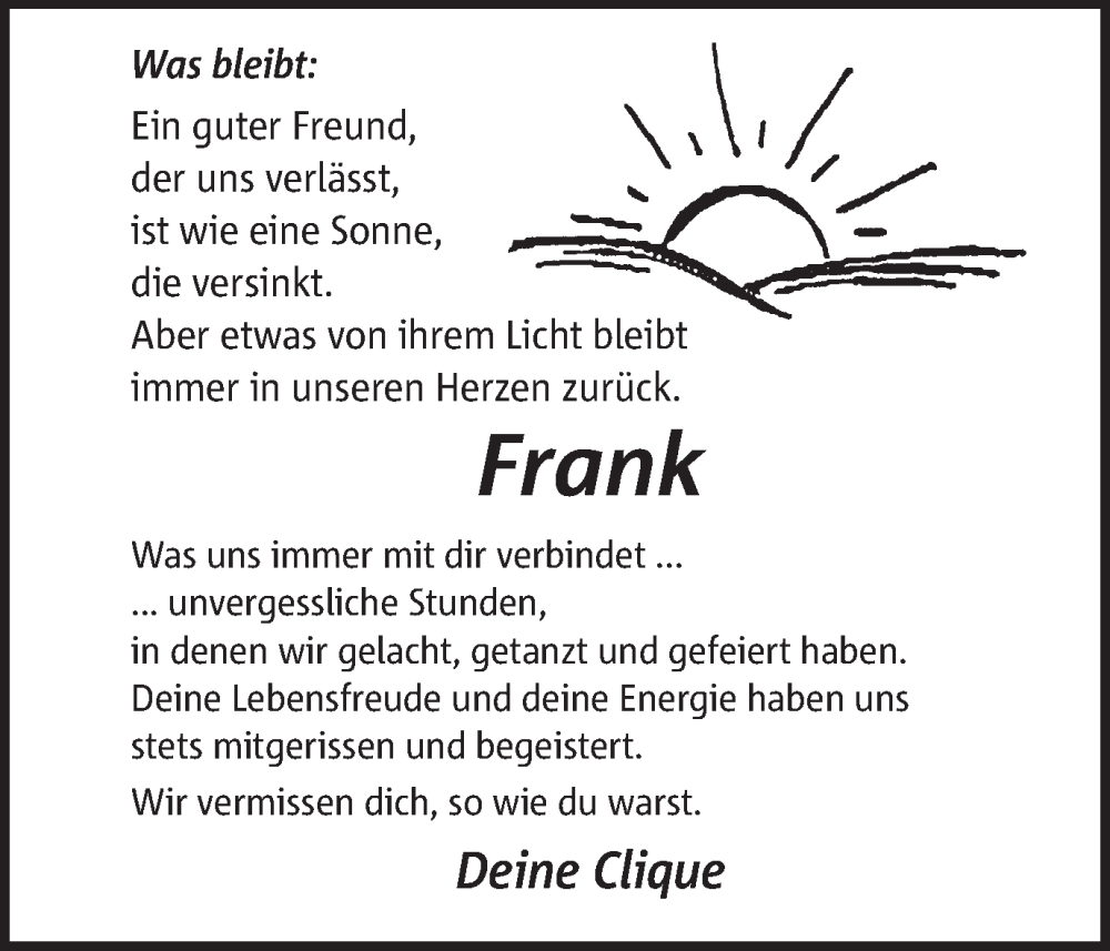  Traueranzeige für Frank  vom 21.02.2026 aus Ruhr Nachrichten und Halterner Zeitung