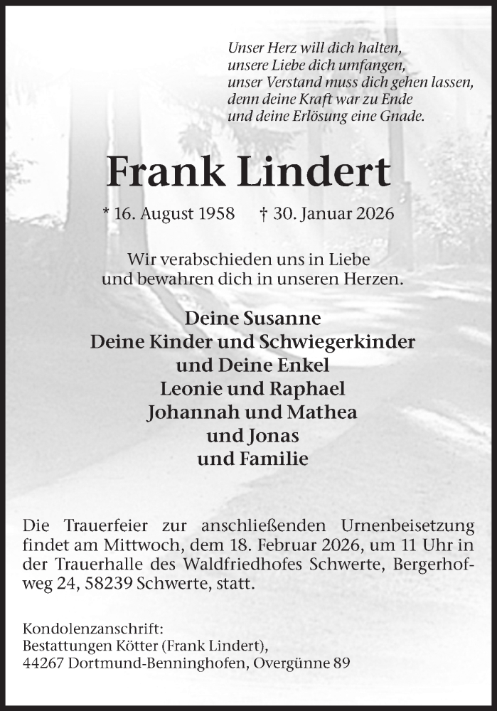  Traueranzeige für Frank Lindert vom 14.02.2026 aus Ruhr Nachrichten