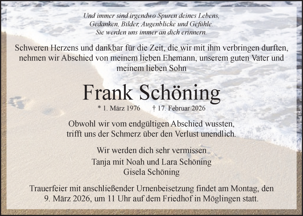  Traueranzeige für Frank Schöning vom 28.02.2026 aus Trauer Vest