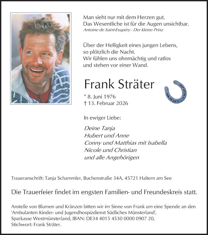  Traueranzeige für Frank Sträter vom 21.02.2026 aus Ruhr Nachrichten und Halterner Zeitung