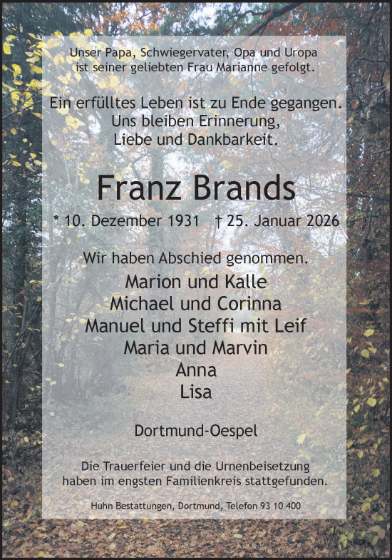 Traueranzeige von Franz Brands von Ruhr Nachrichten