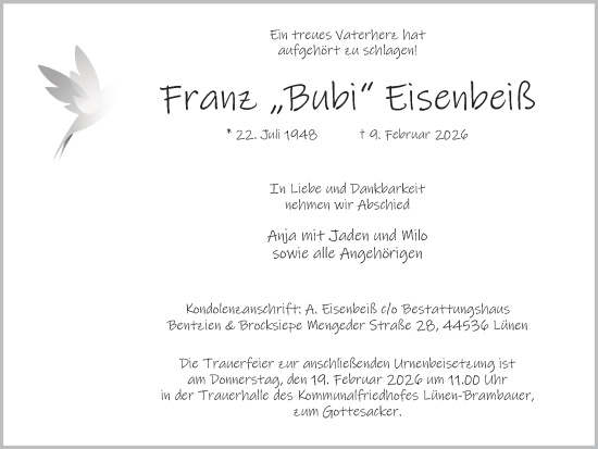 Traueranzeige von Franz Eisenbeiß von Lüner Anzeiger