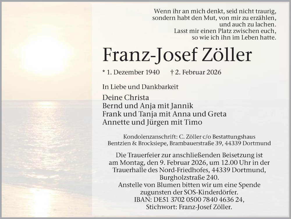  Traueranzeige für Franz-Josef Zöller vom 07.02.2026 aus Ruhr Nachrichten