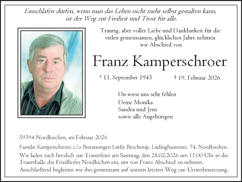  Traueranzeige für Franz Kamperschroer vom 25.02.2026 aus Ruhr Nachrichten