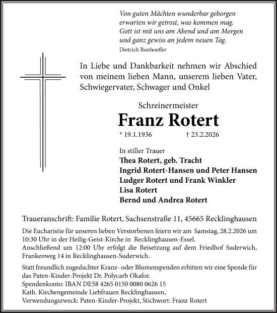 Traueranzeige von Franz Rotert von Trauer Vest