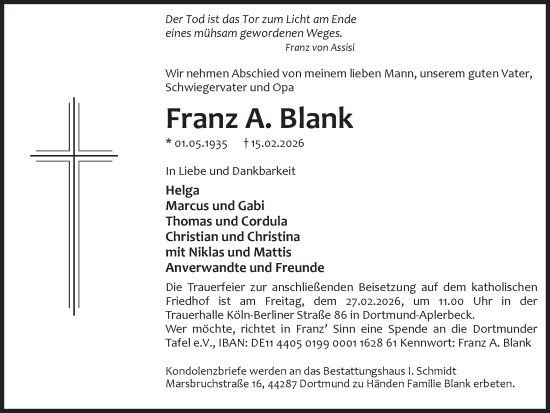 Traueranzeige von Franz A. Blank von Ruhr Nachrichten