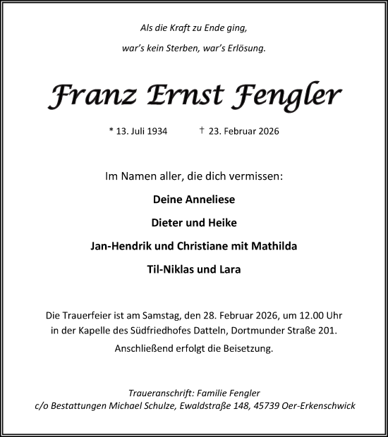 Traueranzeige von Franz Ernst Fengler von Trauer Vest