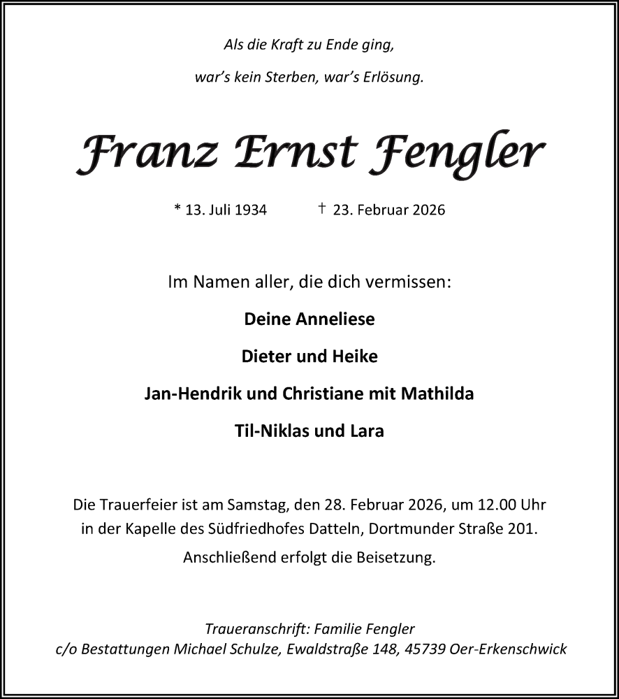  Traueranzeige für Franz Ernst Fengler vom 25.02.2026 aus Trauer Vest