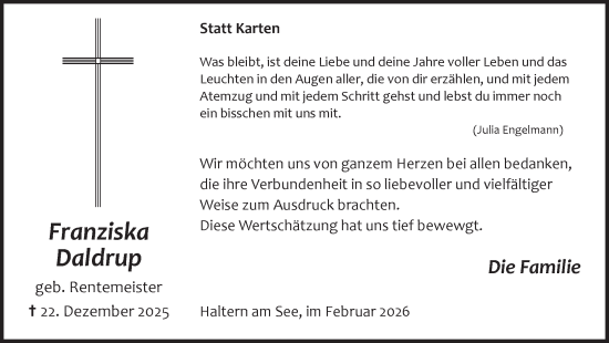 Traueranzeige von Franziska Daldrup von Ruhr Nachrichten und Halterner Zeitung