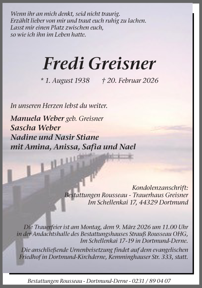  Traueranzeige für Fredi Greisner vom 28.02.2026 aus Ruhr Nachrichten