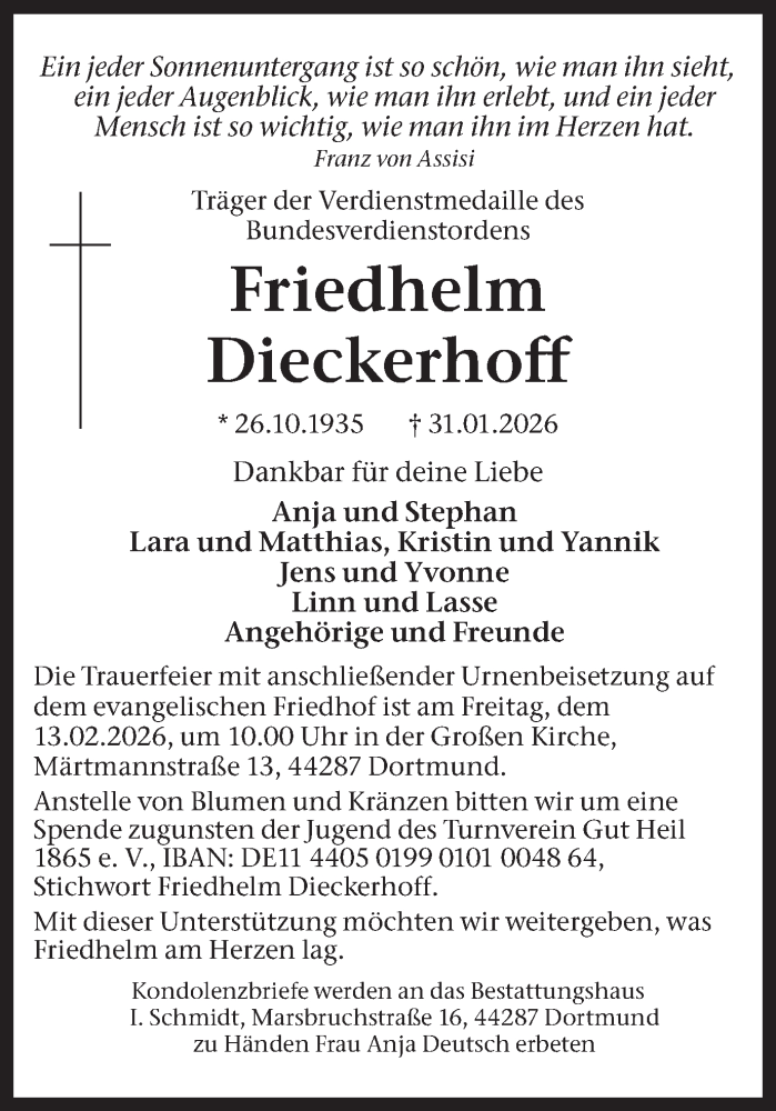  Traueranzeige für Friedhelm Dieckerhoff vom 07.02.2026 aus Ruhr Nachrichten