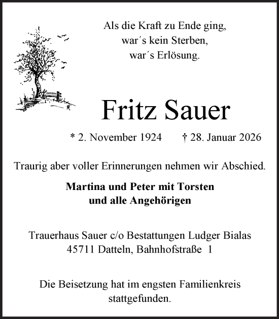 Traueranzeige von Fritz Sauer von Trauer Vest
