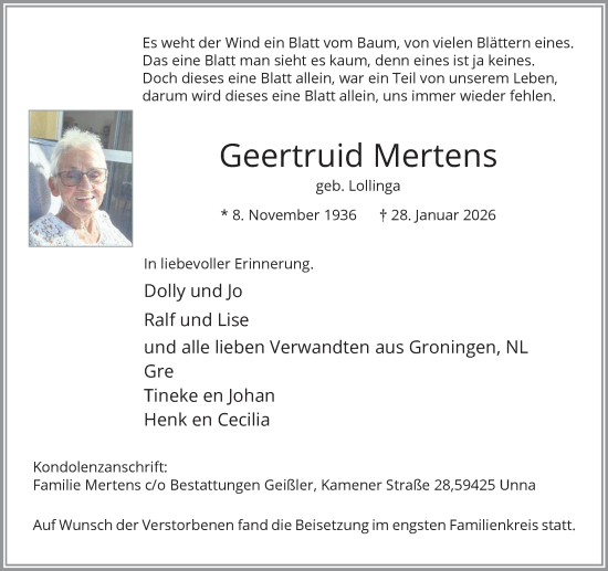 Traueranzeige von Geertruid Mertens von Hellweger Anzeiger