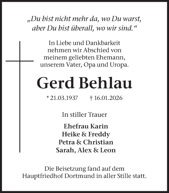 Traueranzeige von Gerd Behlau von Ruhr Nachrichten