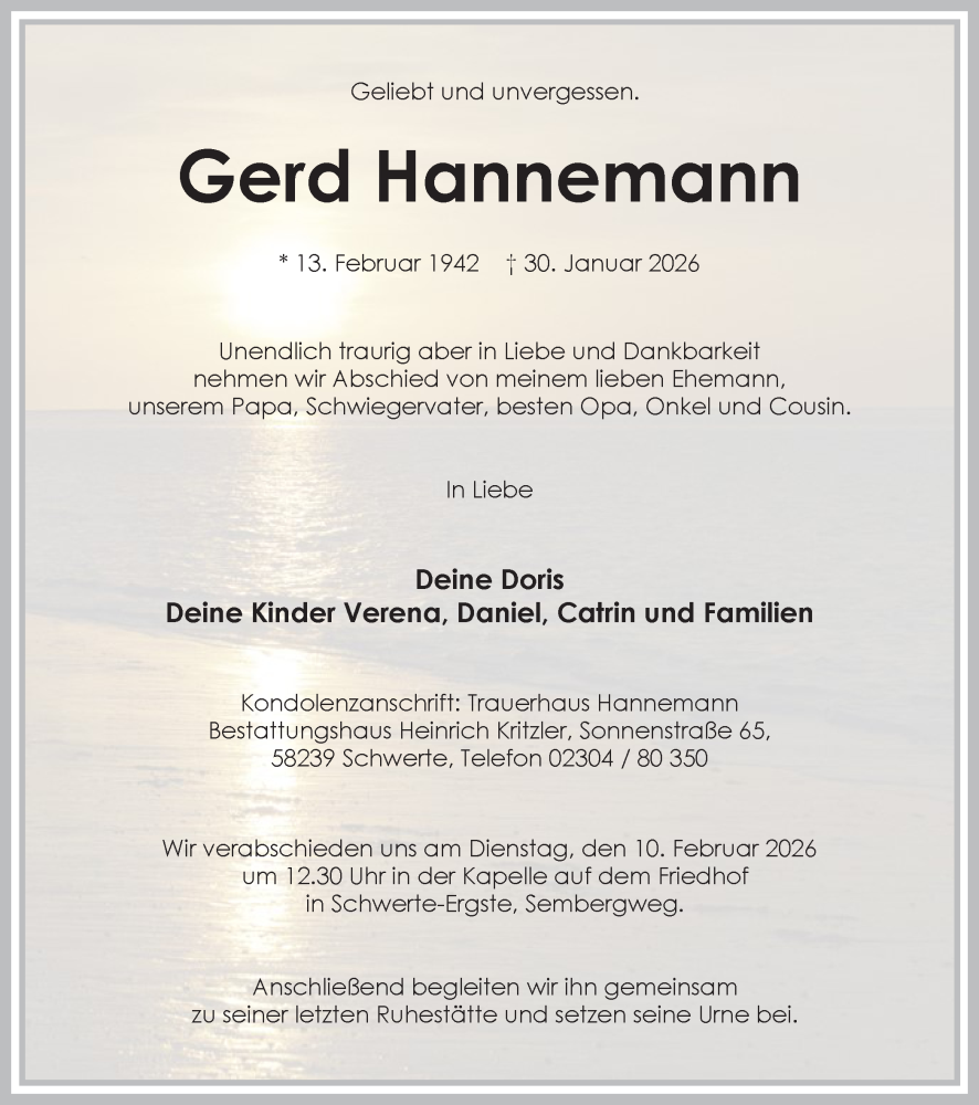  Traueranzeige für Gerd Hannemann vom 07.02.2026 aus Ruhr Nachrichten