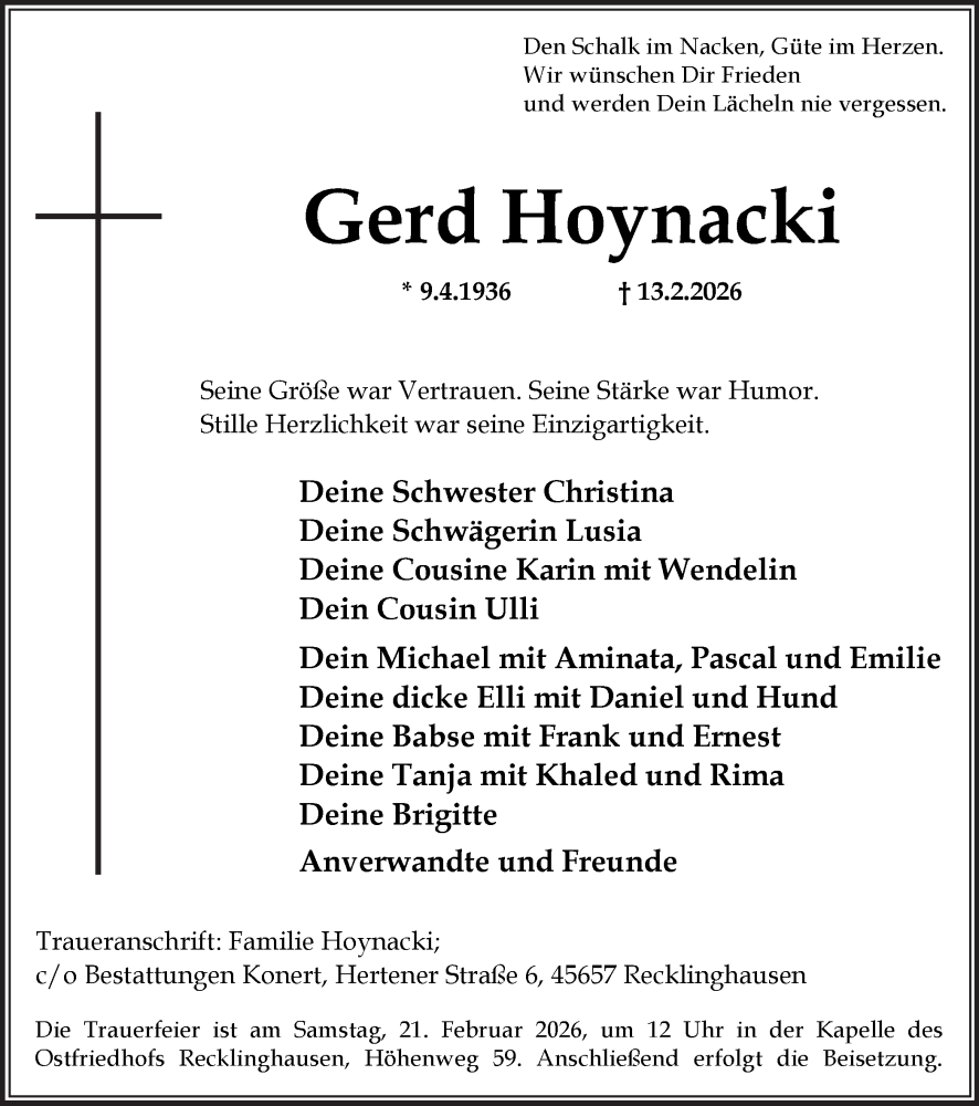  Traueranzeige für Gerd Hoynacki vom 18.02.2026 aus Trauer Vest