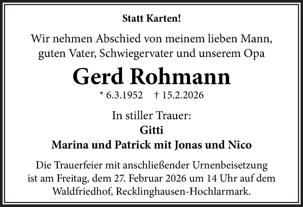  Traueranzeige für Gerd Rohmann vom 21.02.2026 aus Trauer Vest