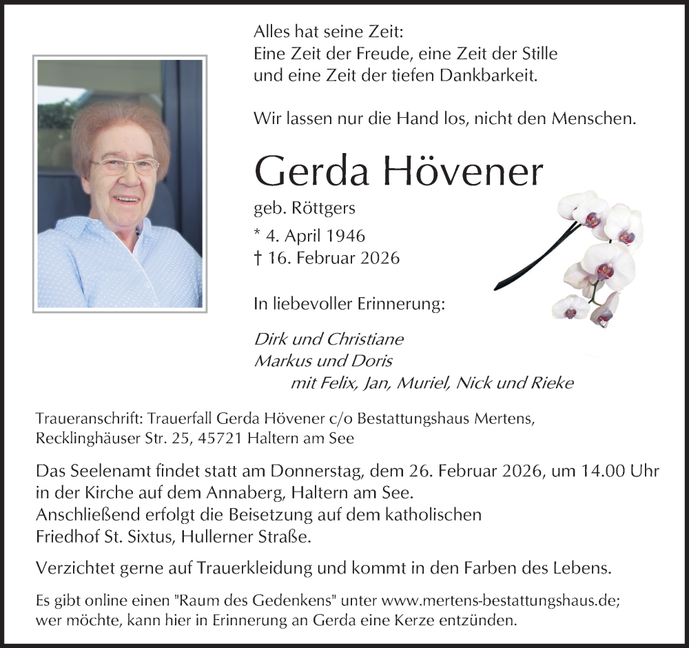  Traueranzeige für Gerda Hövener vom 21.02.2026 aus Ruhr Nachrichten und Halterner Zeitung