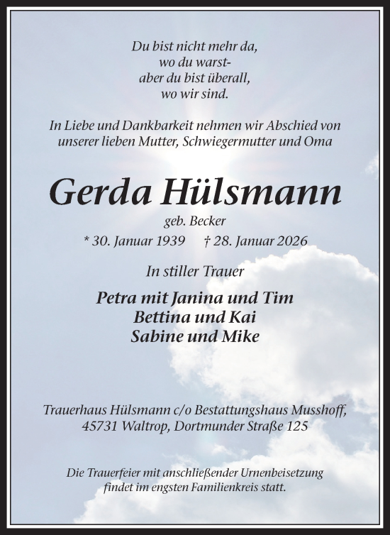Traueranzeige von Gerda Hülsmann von Trauer Vest