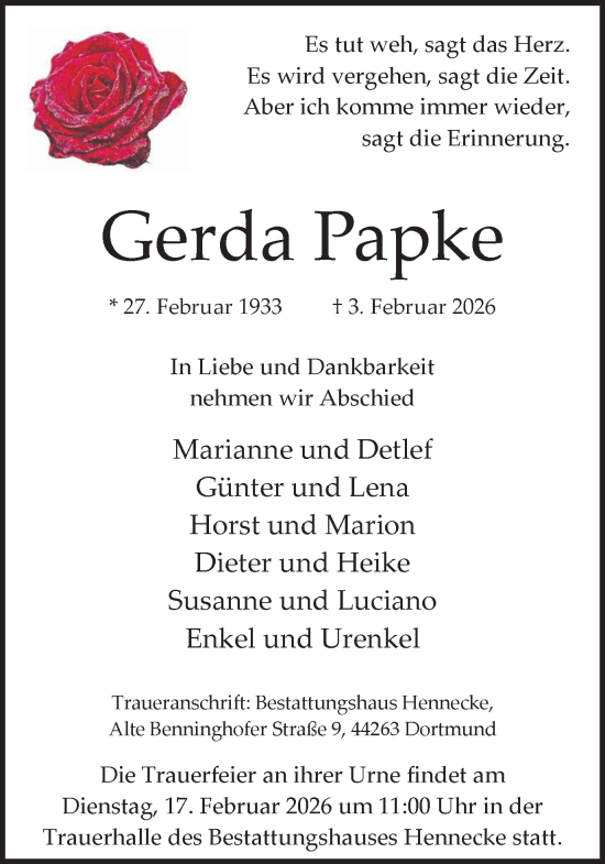 Traueranzeige von Gerda Papke von Ruhr Nachrichten