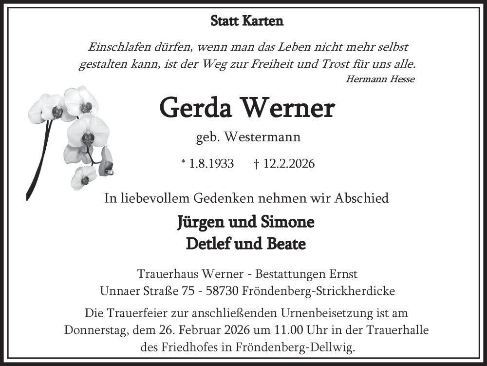  Traueranzeige für Gerda Werner vom 21.02.2026 aus Hellweger Anzeiger