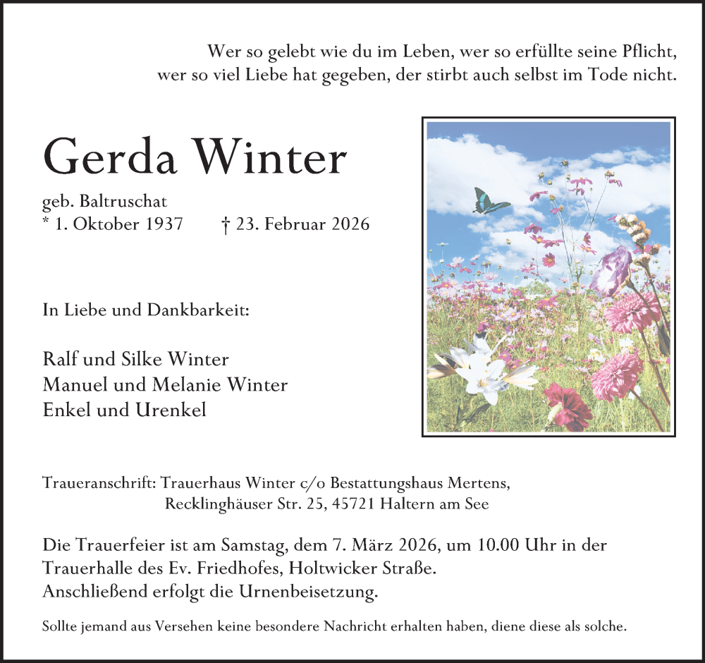  Traueranzeige für Gerda Winter vom 28.02.2026 aus Ruhr Nachrichten und Halterner Zeitung