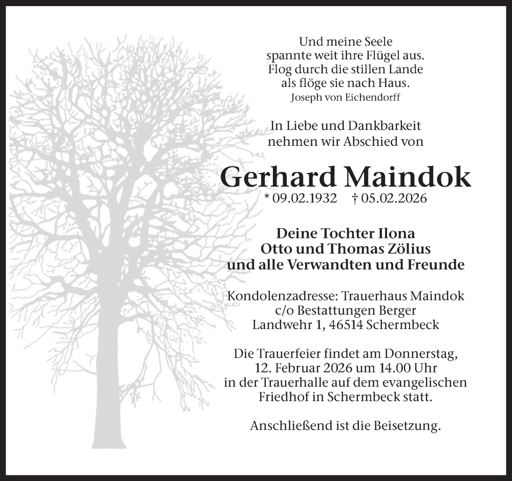  Traueranzeige für Gerhard Maindok vom 10.02.2026 aus Ruhr Nachrichten und Dorstener Zeitung