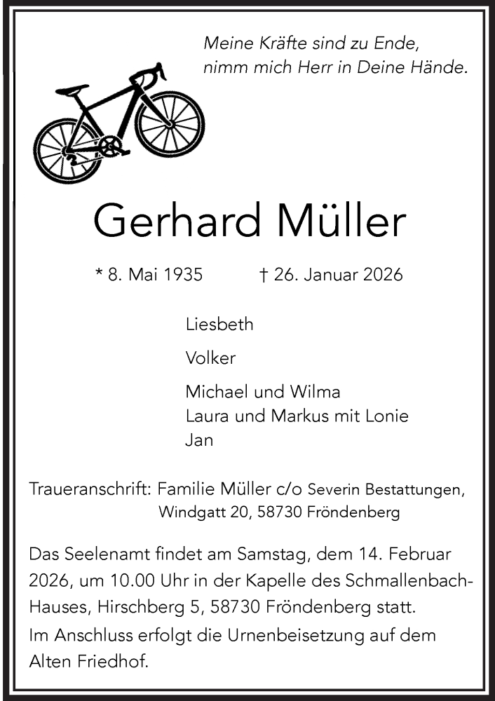  Traueranzeige für Gerhard Müller vom 07.02.2026 aus Hellweger Anzeiger