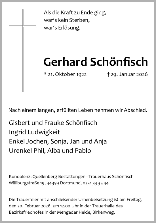 Traueranzeige von Gerhard Schönfisch von Ruhr Nachrichten