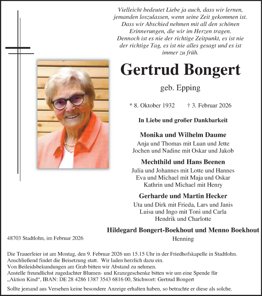 Traueranzeige für Gertrud Bongert vom 06.02.2026 aus Münsterland Zeitung