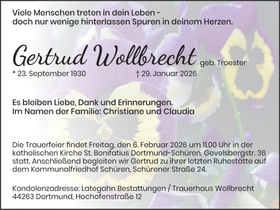 Traueranzeige von Gertrud Wollbrecht von Ruhr Nachrichten
