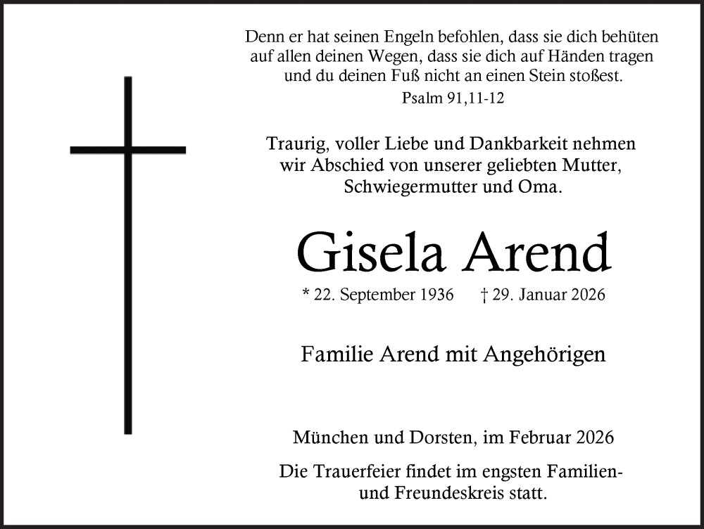  Traueranzeige für Gisela Arend vom 21.02.2026 aus Ruhr Nachrichten und Dorstener Zeitung