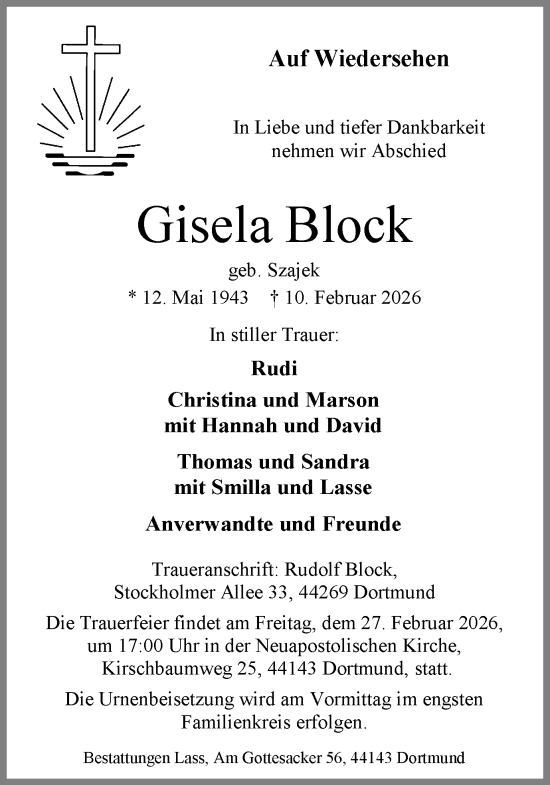 Traueranzeige von Gisela Block von Ruhr Nachrichten