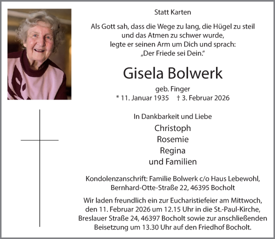 Traueranzeige von Gisela Bolwerk 