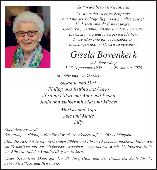 Traueranzeige von Gisela Bovenkerk 