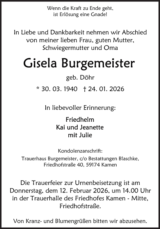 Traueranzeige von Gisela Burgemeister von Hellweger Anzeiger