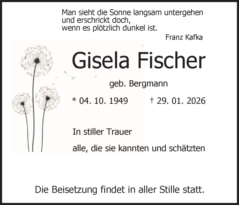  Traueranzeige für Gisela Fischer vom 07.02.2026 aus Ruhr Nachrichten