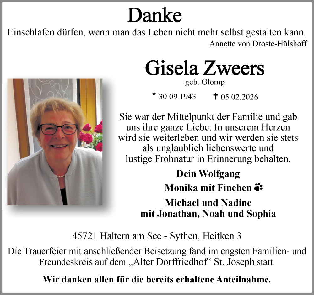  Traueranzeige für Gisela Zweers vom 21.02.2026 aus Ruhr Nachrichten und Halterner Zeitung